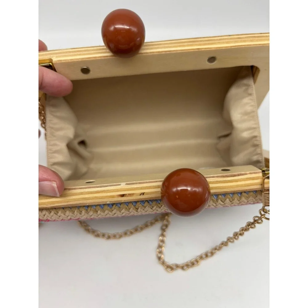 Bohemian Woven Chevron Clutch Multi-Color Wood Frame Ball Clasp Chic
